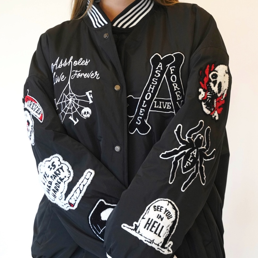 Linda Finegold ALF UNISEX BLACK CHENILLE HEAVYWEIGHT JACKET W PATCHES